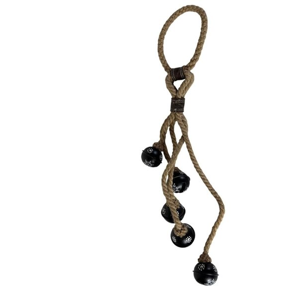 Rustic Dog Potty Doorknob Bell Puppy Decorative Jute Rope Black White Hand Paint - Picture 2 of 8